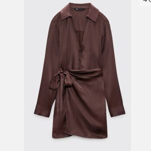 ZARA NWT WOMAN V-NECK SATIN DRESS Dark brown